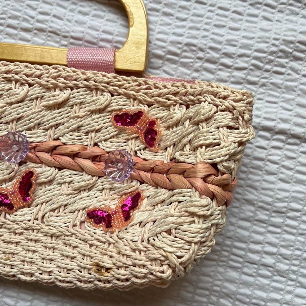 Coquette Y2K Straw Tote Floral Appliqué Butterfly Beads Vintage EUC - Picture 4 of 7
